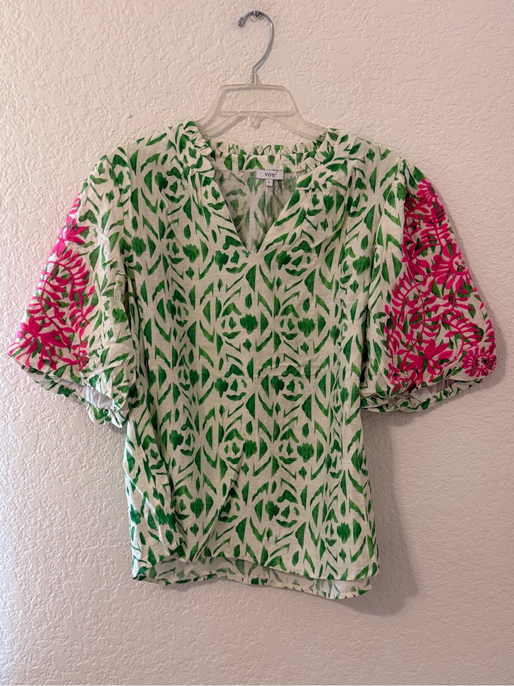 VOY Womens L Green Floral Blouse Pink Embroidered Puff Sleeve Cotton Boho Top